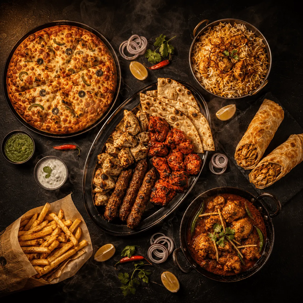 Hot & Cool Inn ka poora dastarkhwan — Bar B.Q platter, pizza, biryani, karahi, roll aur fries